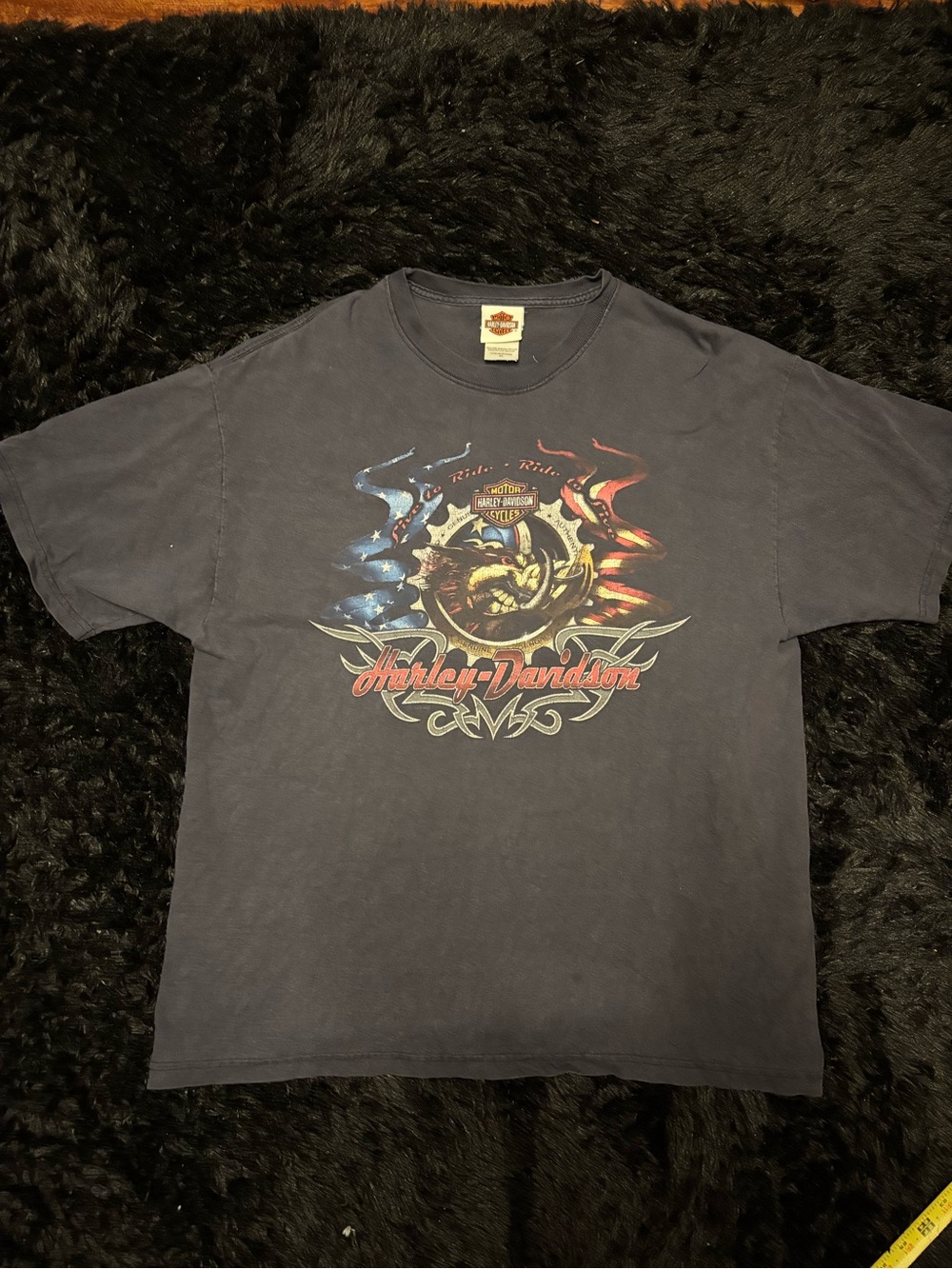 Harley-Davidson Black Short-Sleeve Tee with Red, Blue and Cream Graphic
